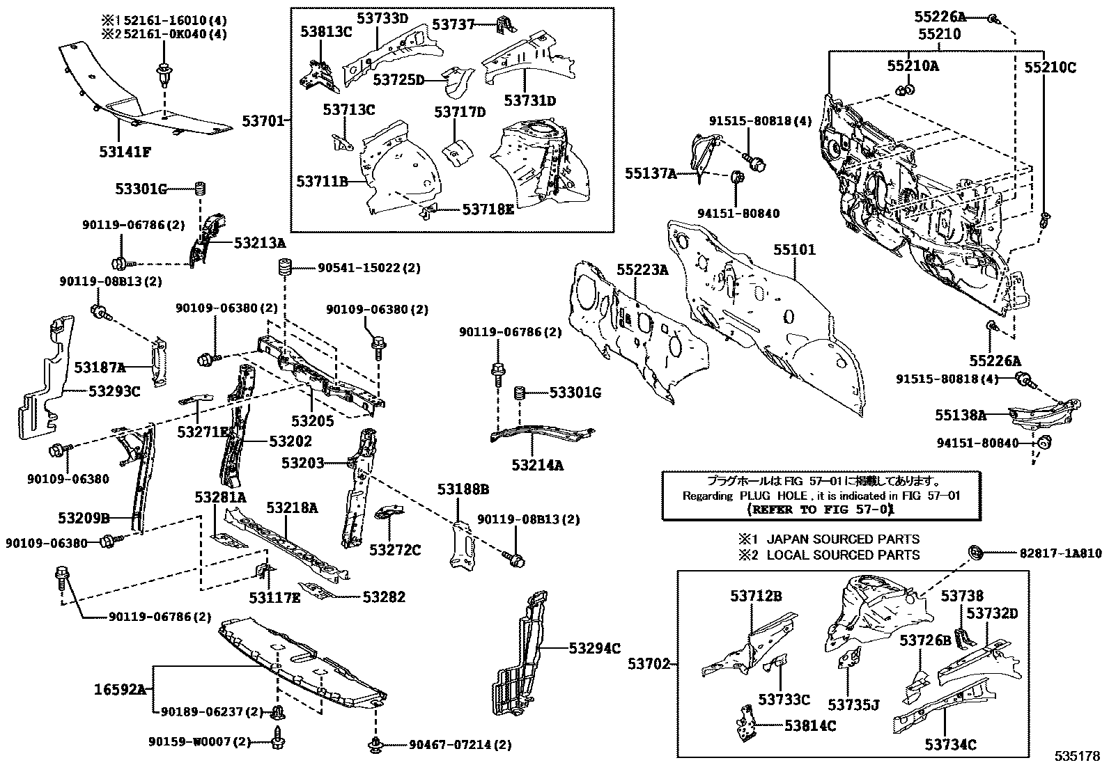 Toyota COROLLA 前翼子板挡泥板和前围板 EPC diagram — 535178