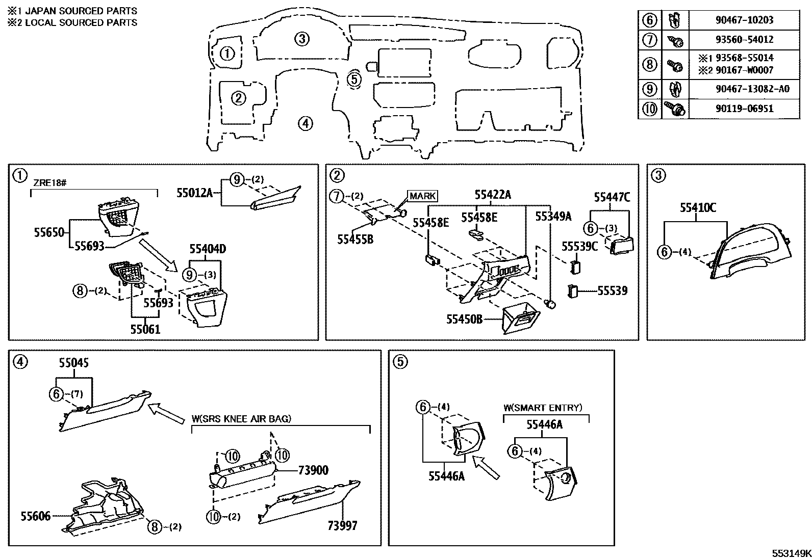 Toyota COROLLA 仪表板和手套箱 EPC diagram — 553149K