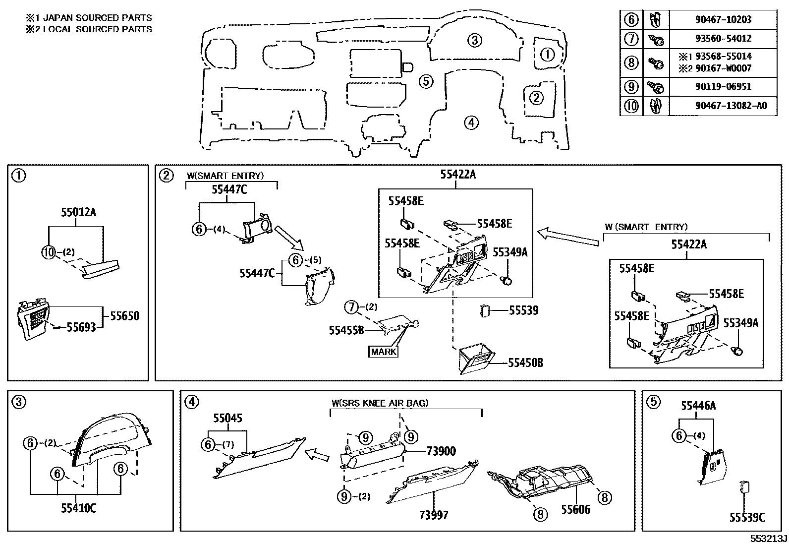 Toyota COROLLA 仪表板和手套箱 EPC diagram — 553213J