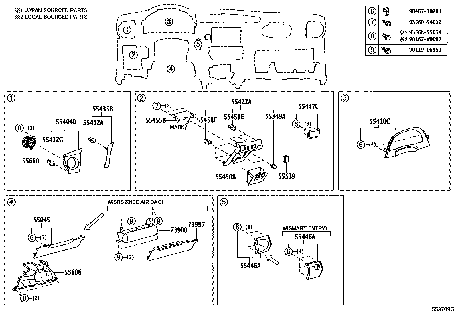 Toyota COROLLA 仪表板和手套箱 EPC diagram — 553709G