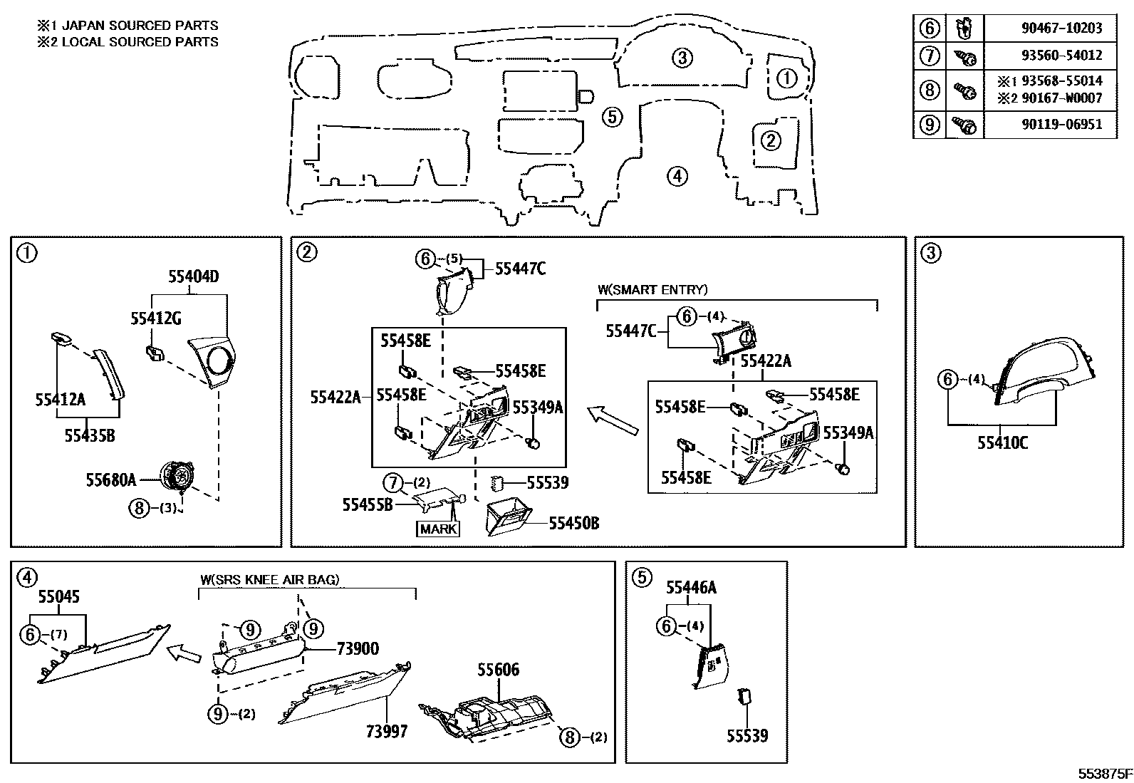 Toyota COROLLA 仪表板和手套箱 EPC diagram — 553875F