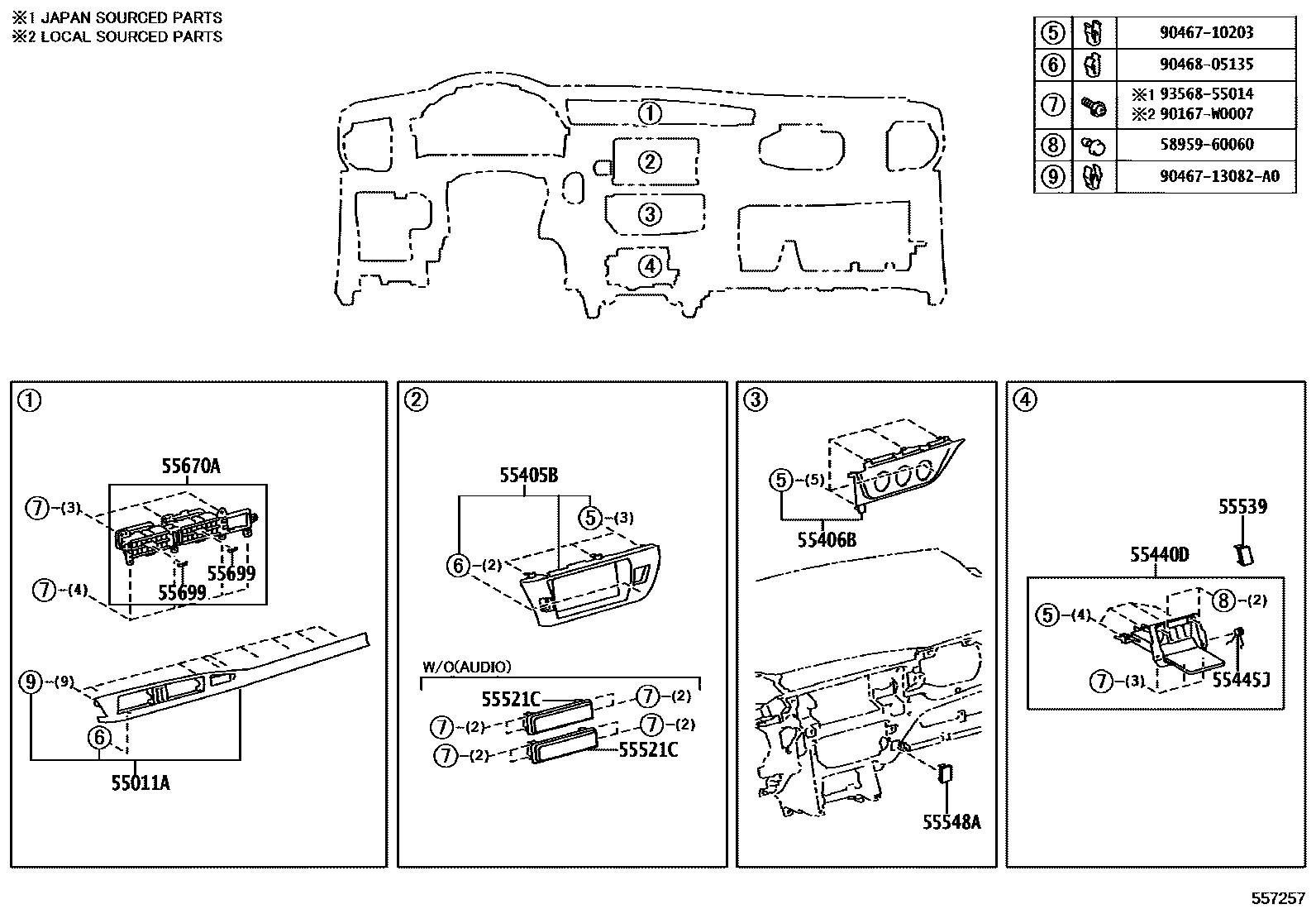 Toyota COROLLA 仪表板和手套箱 EPC diagram — 557257
