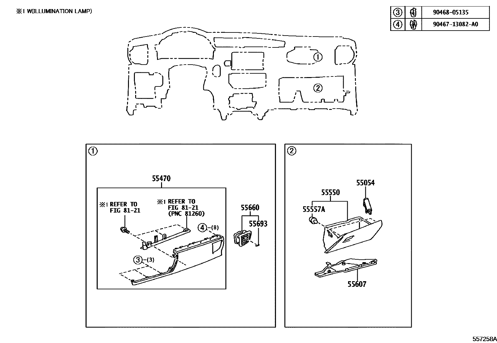 Toyota COROLLA 仪表板和手套箱 EPC diagram — 557258A