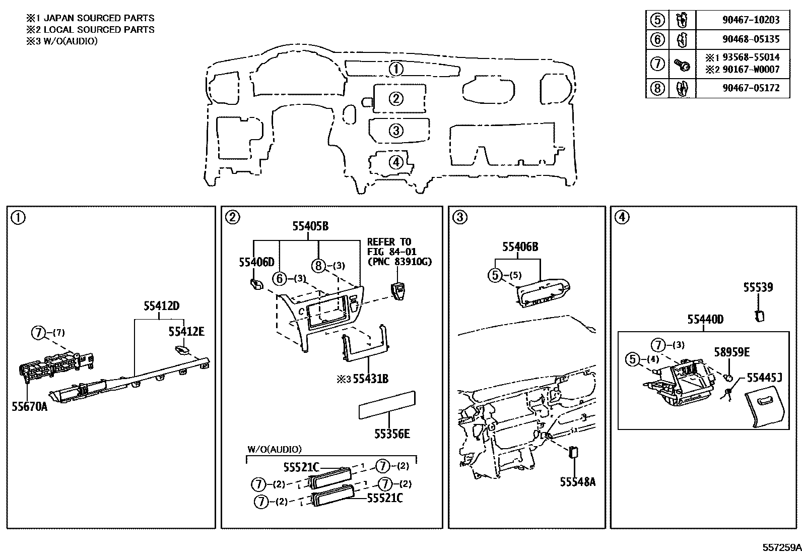 Toyota COROLLA 仪表板和手套箱 EPC diagram — 557259A