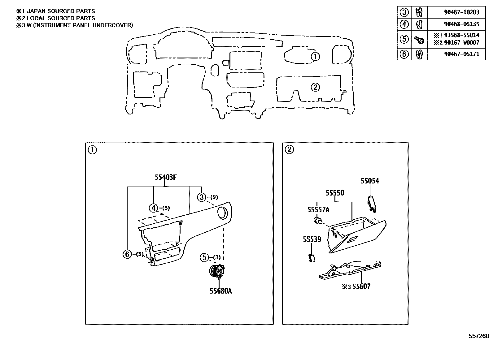 Toyota COROLLA 仪表板和手套箱 EPC diagram — 557260