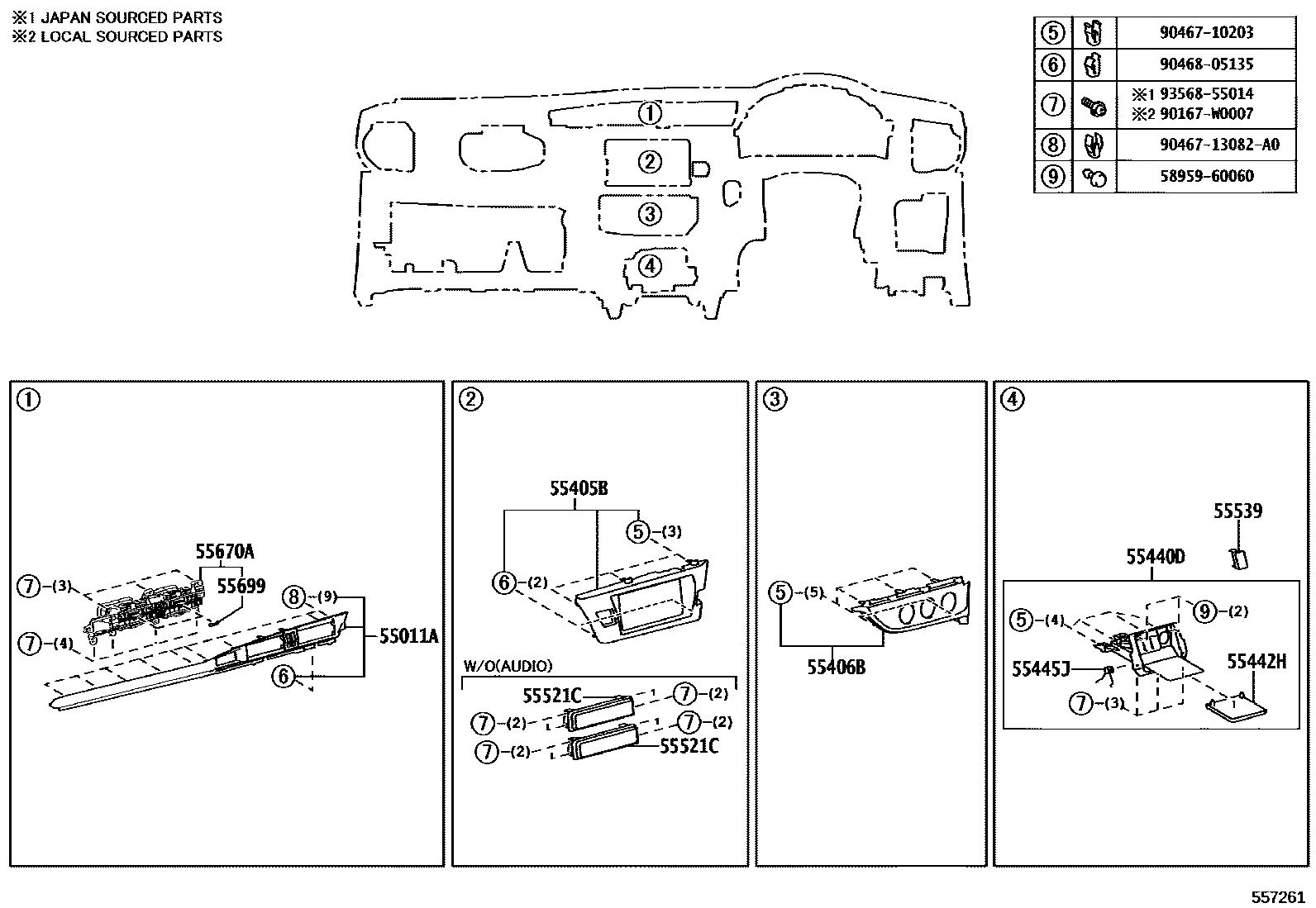 Toyota COROLLA 仪表板和手套箱 EPC diagram — 557261