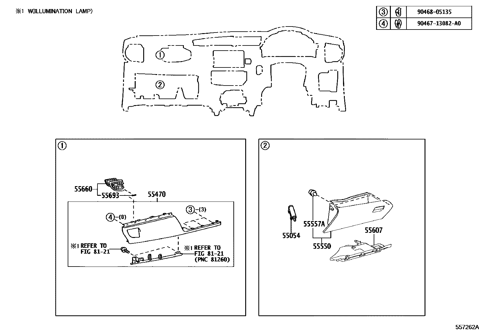 Toyota COROLLA 仪表板和手套箱 EPC diagram — 557262A