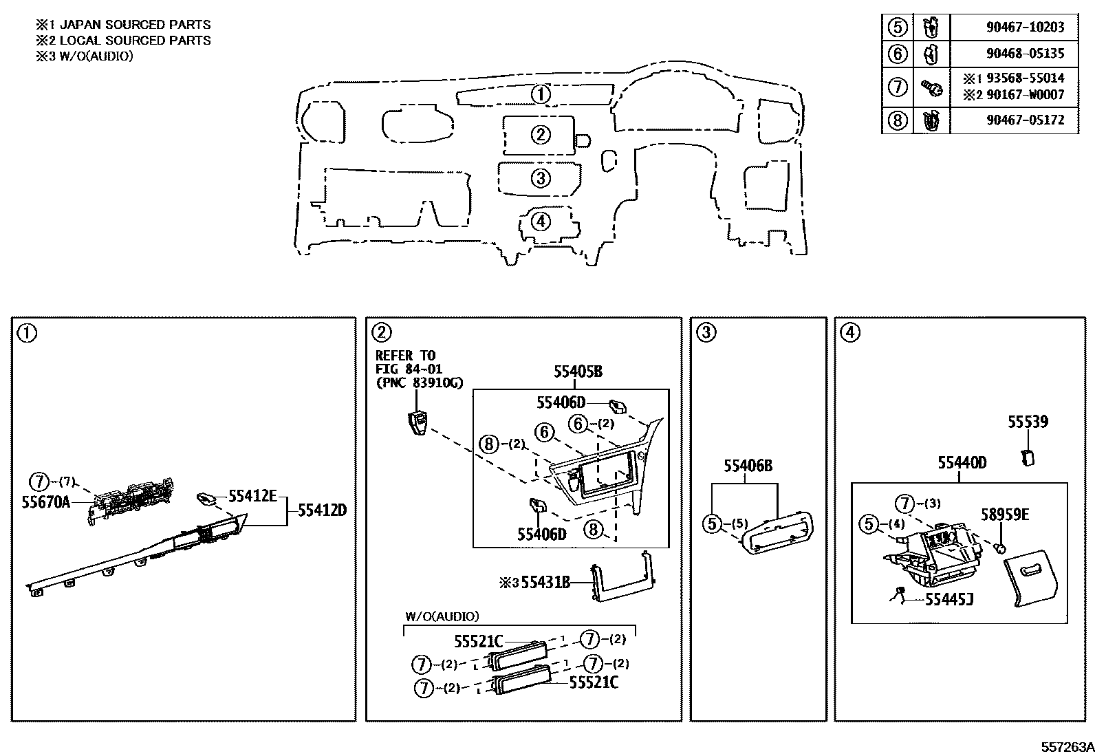 Toyota COROLLA 仪表板和手套箱 EPC diagram — 557263A