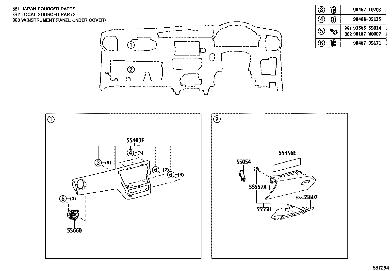 Toyota COROLLA 仪表板和手套箱 EPC diagram — 557264
