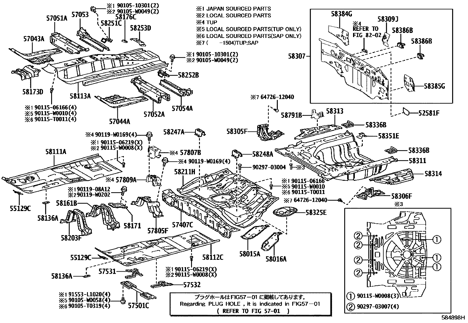 Toyota COROLLA 浅盘形地板和车身下背板 EPC diagram — 584898H