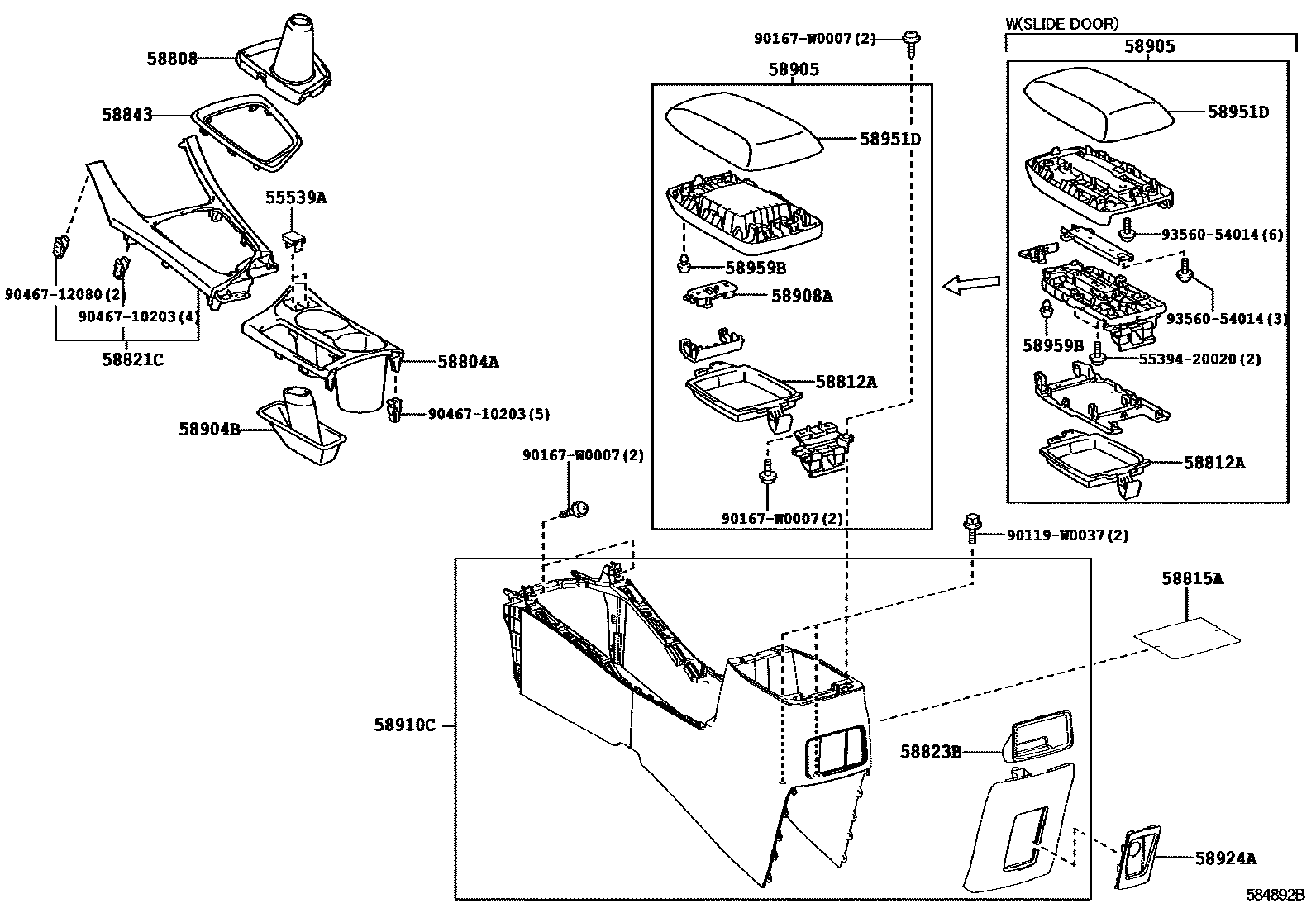 Toyota COROLLA 中央扶手箱和支架 EPC diagram — 584892B