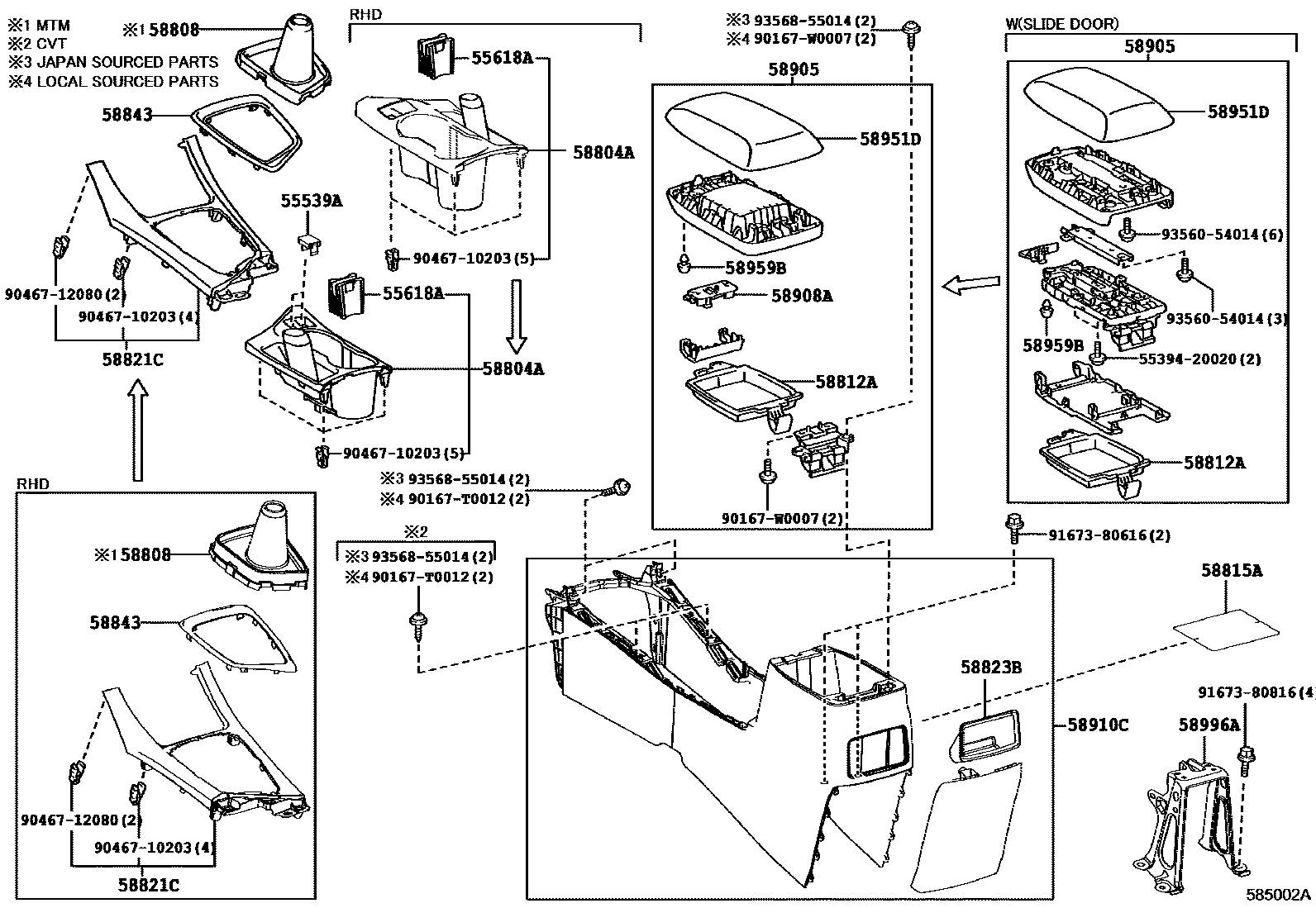Toyota COROLLA 中央扶手箱和支架 EPC diagram — 585002A