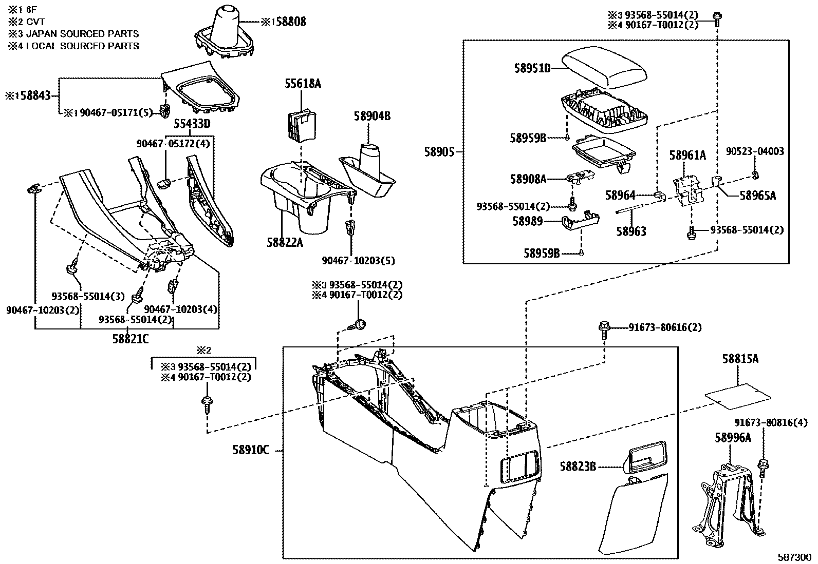 Toyota COROLLA 中央扶手箱和支架 EPC diagram — 587300