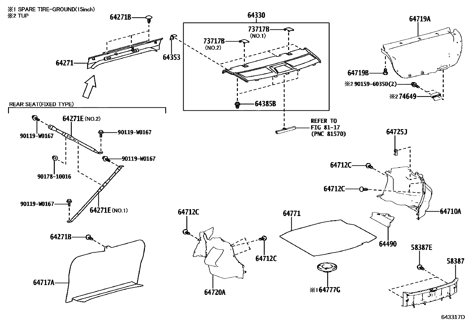 Toyota COROLLA 杂物箱板和行李箱垫 EPC diagram — 643317D