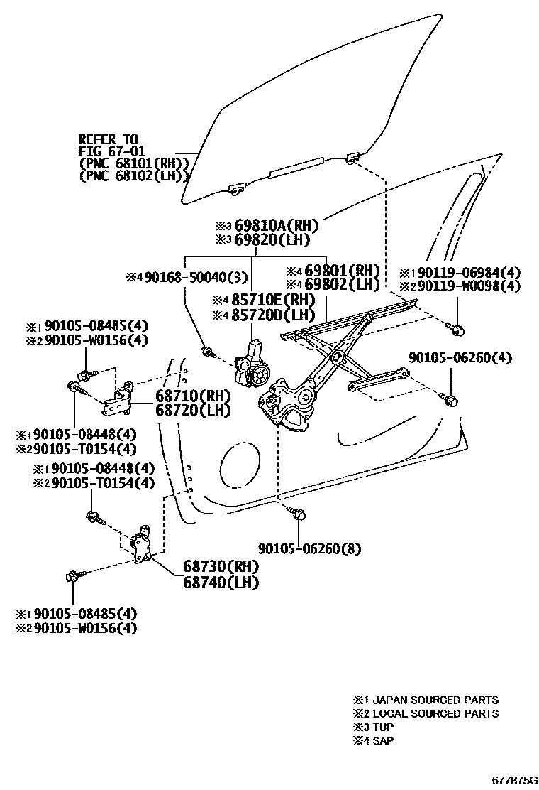 Toyota COROLLA 前门车窗升降器和合页 EPC diagram — 677875G