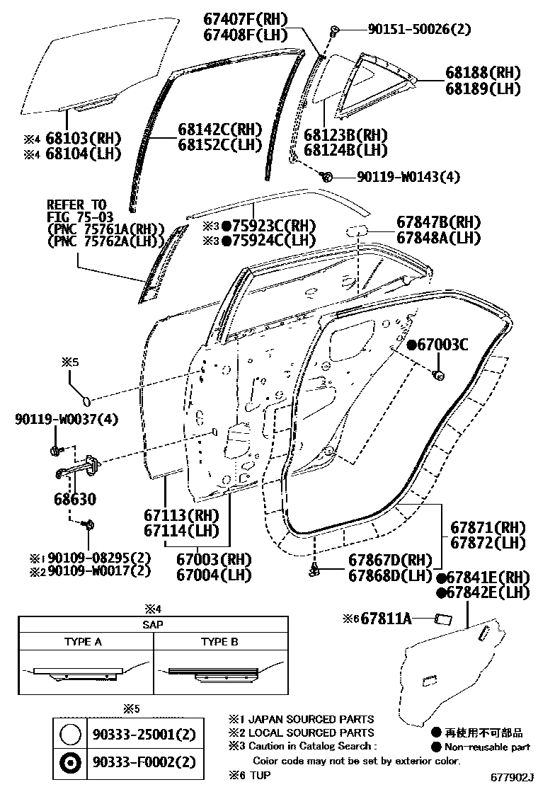 Toyota COROLLA 后门板和后门玻璃 EPC diagram — 677902J