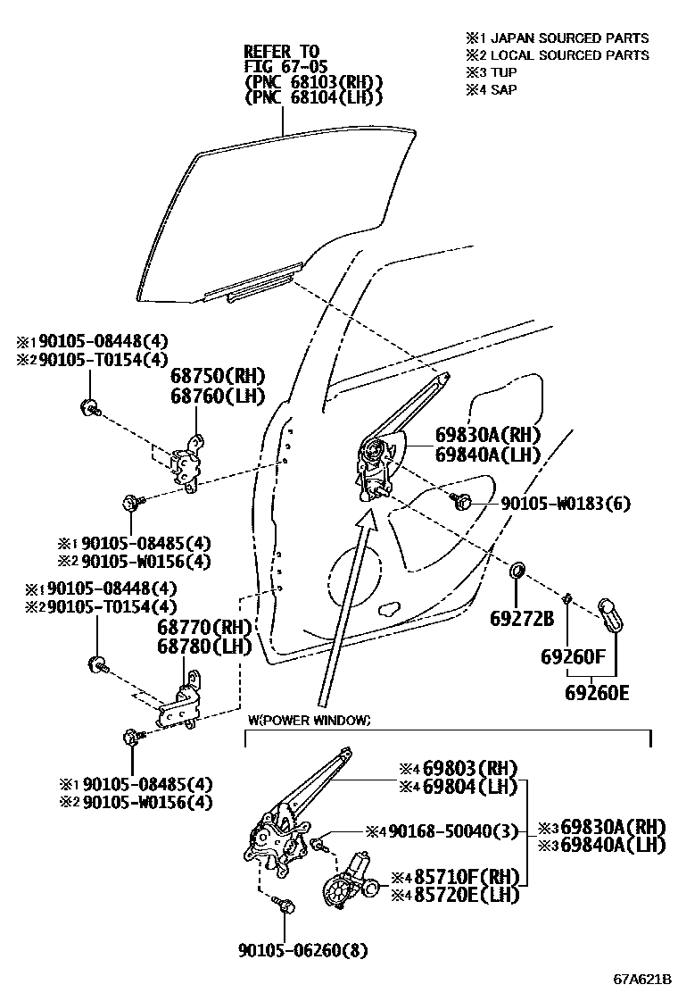 Toyota COROLLA 后门车窗升降器和合页 EPC diagram — 67A621B