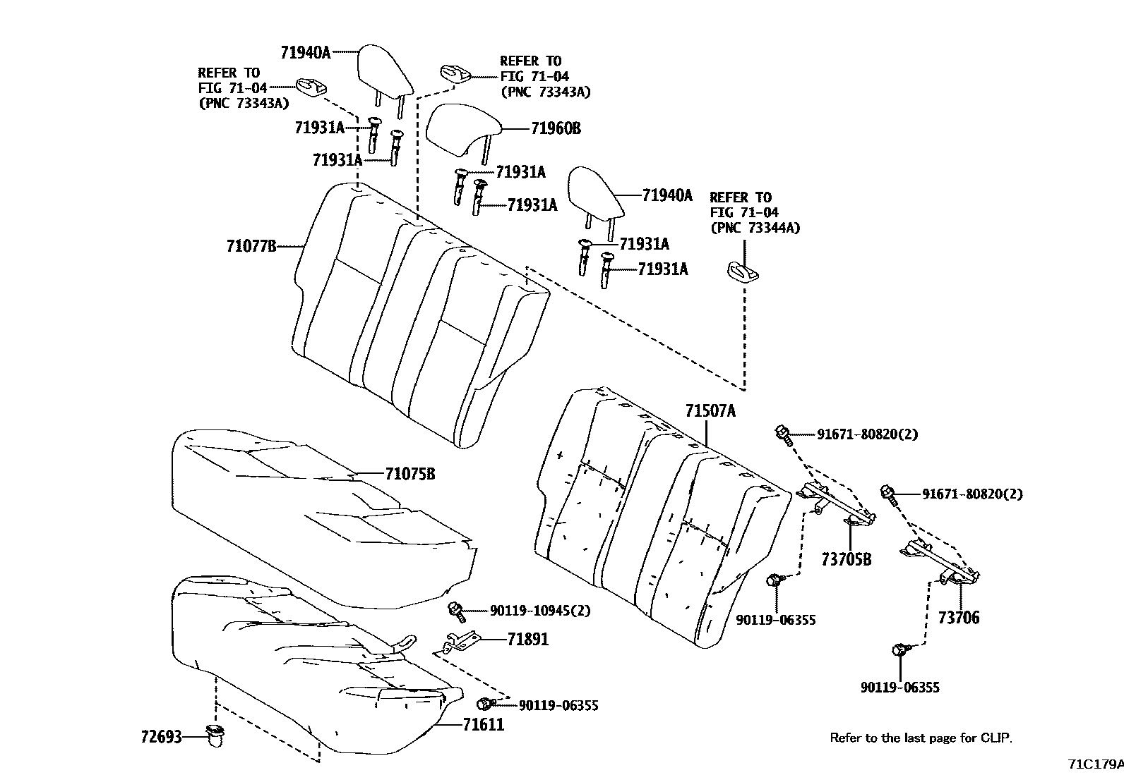 Toyota COROLLA 后排座椅和座椅滑轨 EPC diagram — 71C179A