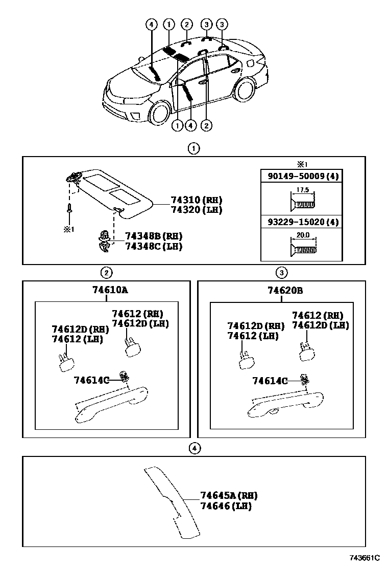 Toyota COROLLA 扶手和遮阳板 EPC diagram — 743661C