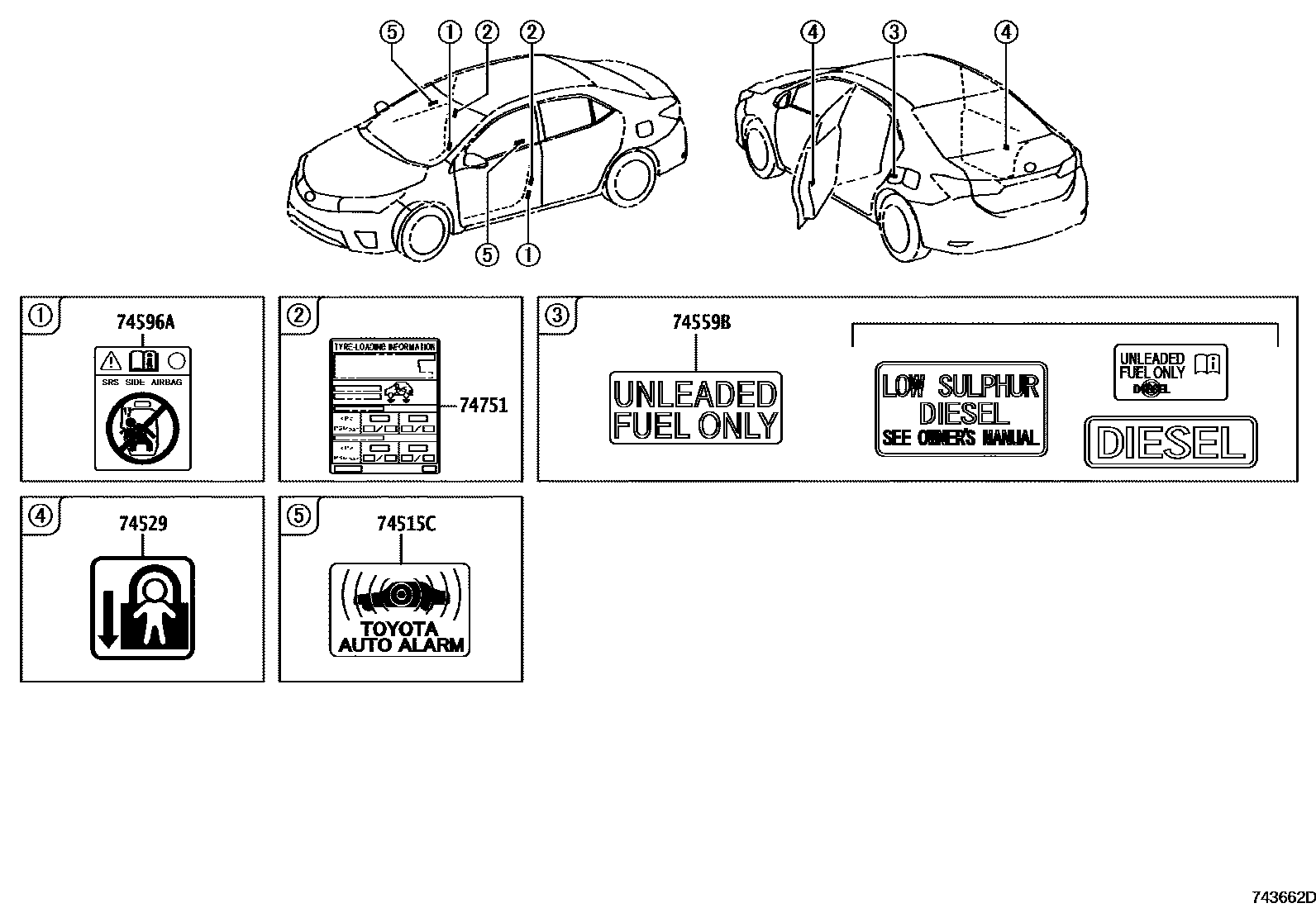 Toyota COROLLA 警示铭牌(车外和车内) EPC diagram — 743662D