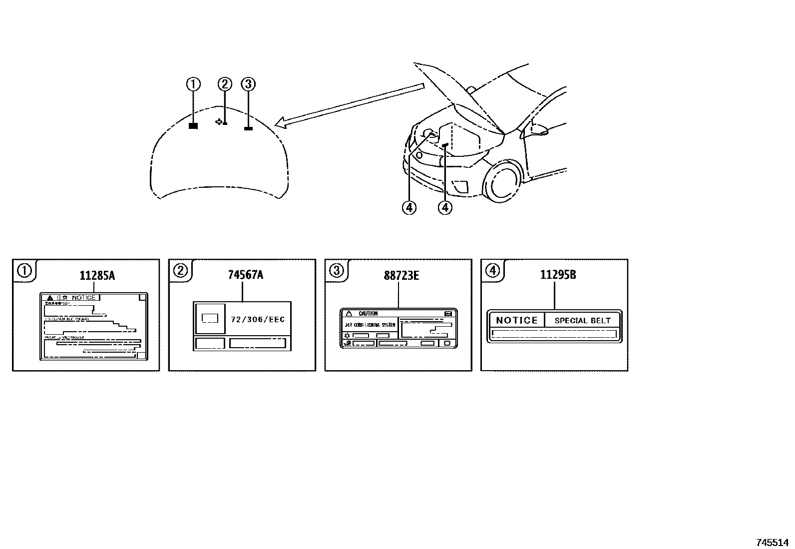 Toyota COROLLA 警示铭牌(车外和车内) EPC diagram — 745514