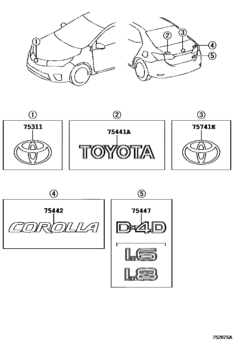Toyota COROLLA 丰田徽标和铭牌(车外和车内) EPC diagram — 752875A