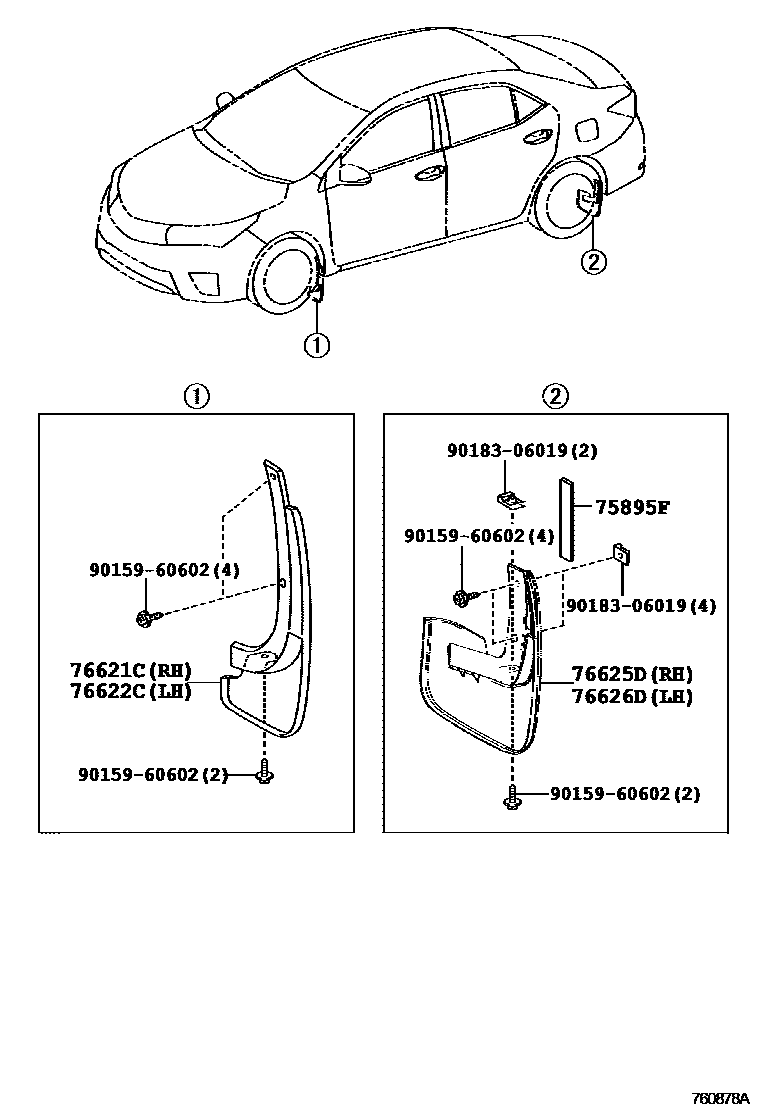 Toyota COROLLA 挡泥板和扰流板 EPC diagram — 760878A