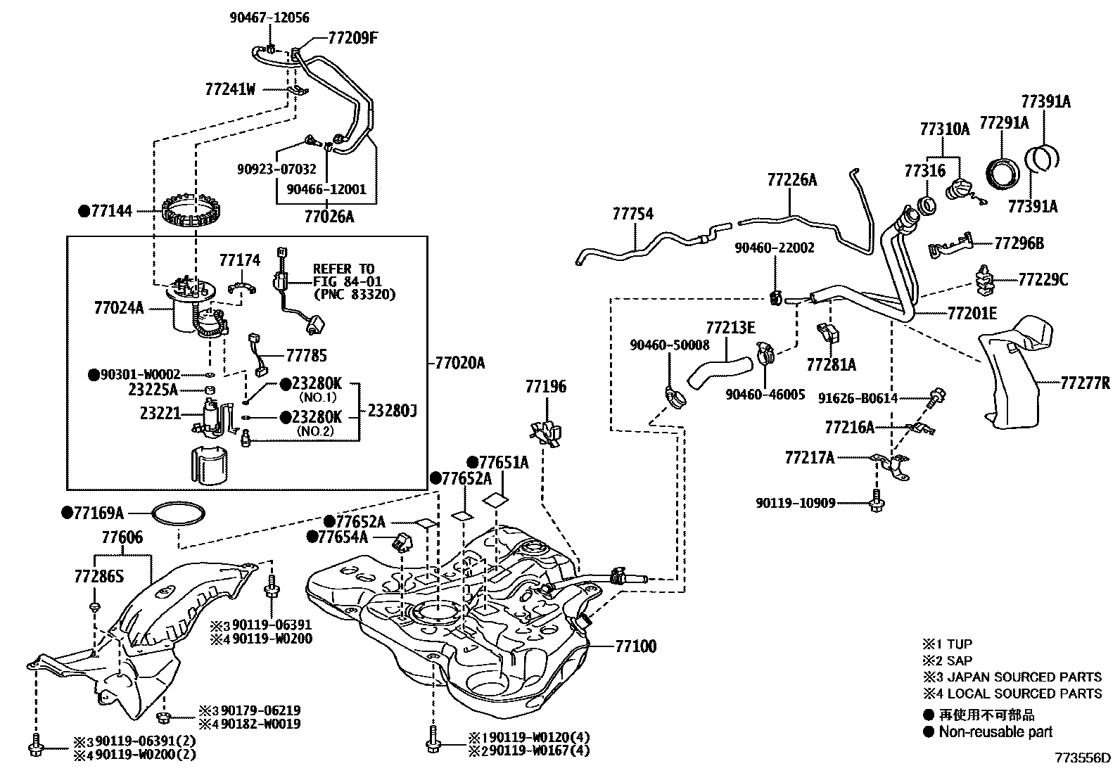 Toyota COROLLA 燃油箱和燃油管 EPC diagram — 773556D