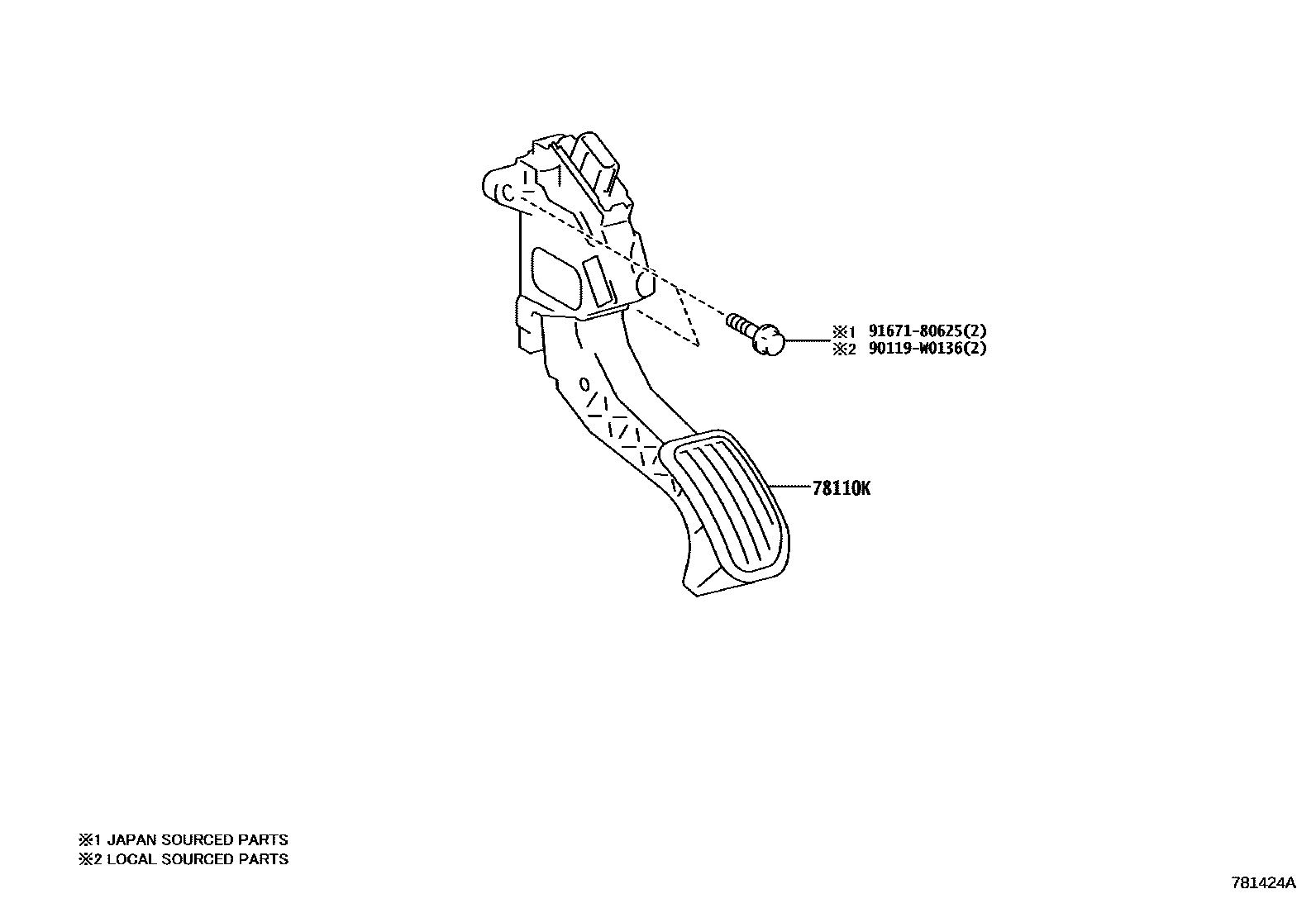 Toyota COROLLA accelerator pedal connecting rod EPC diagram — 781424A
