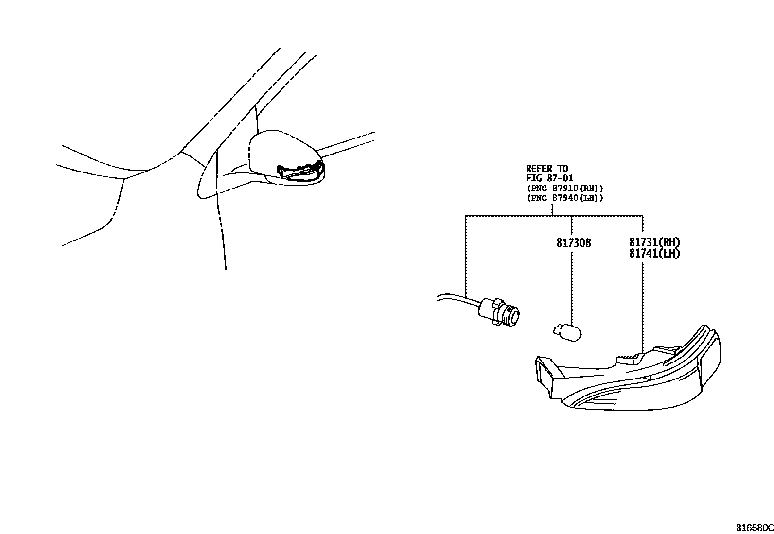 Toyota COROLLA Side Turn Signal & Outer Mirror Lamp EPC diagram — 816580C