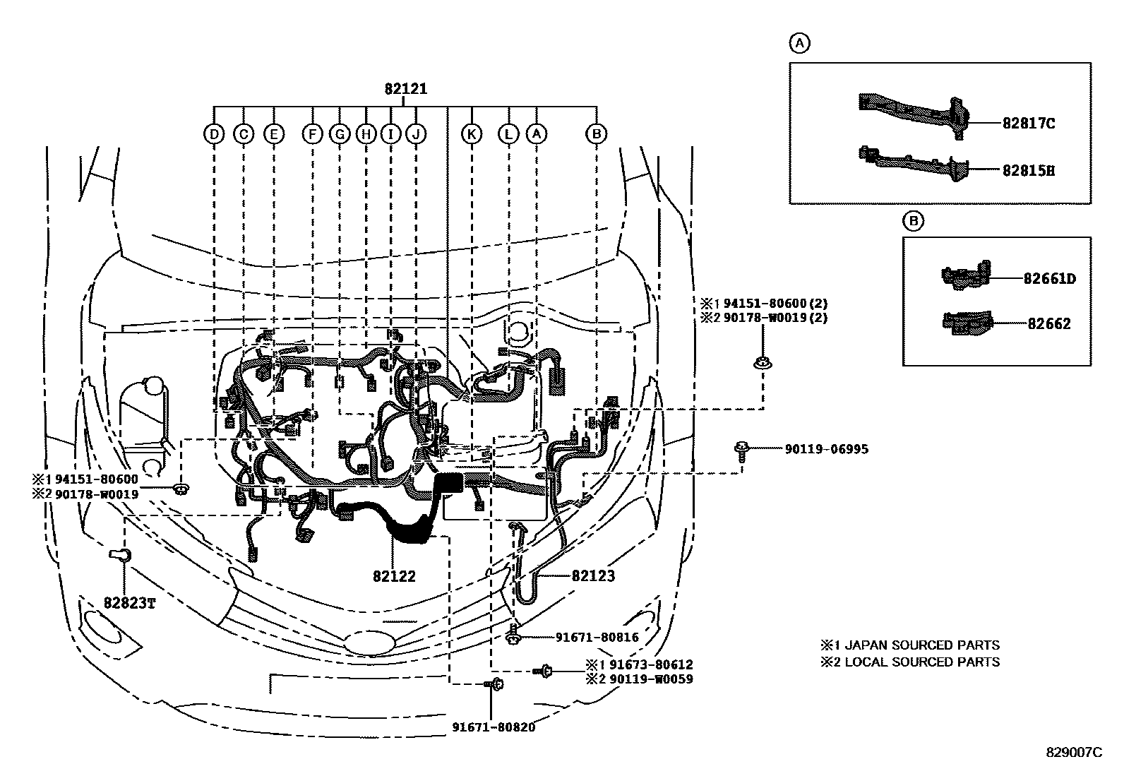 Toyota COROLLA 线束和卡夹 EPC diagram — 829007C