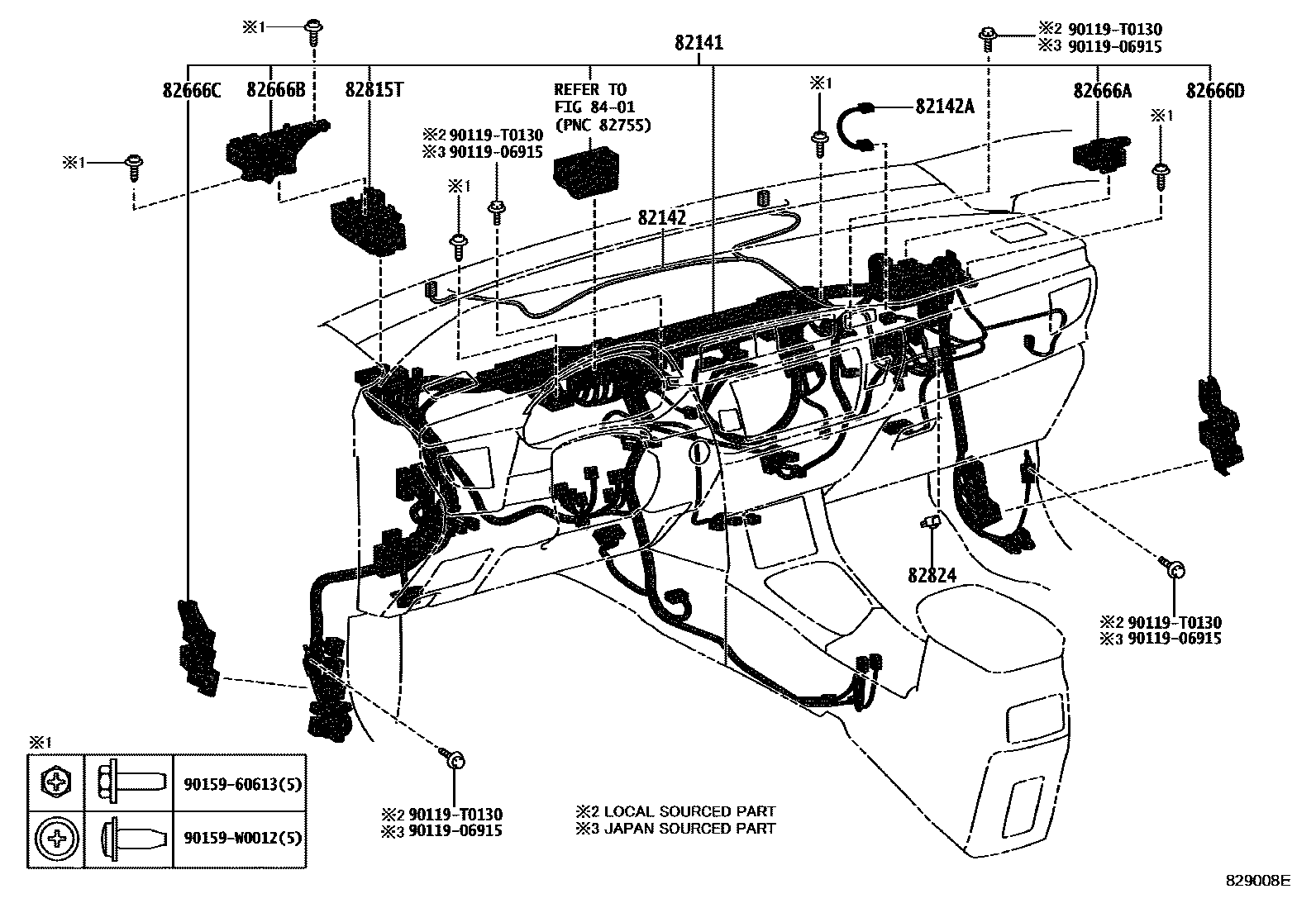 Toyota COROLLA 线束和卡夹 EPC diagram — 829008E