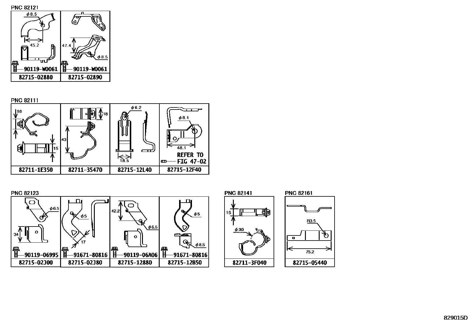 Toyota COROLLA 线束和卡夹 EPC diagram — 829015D