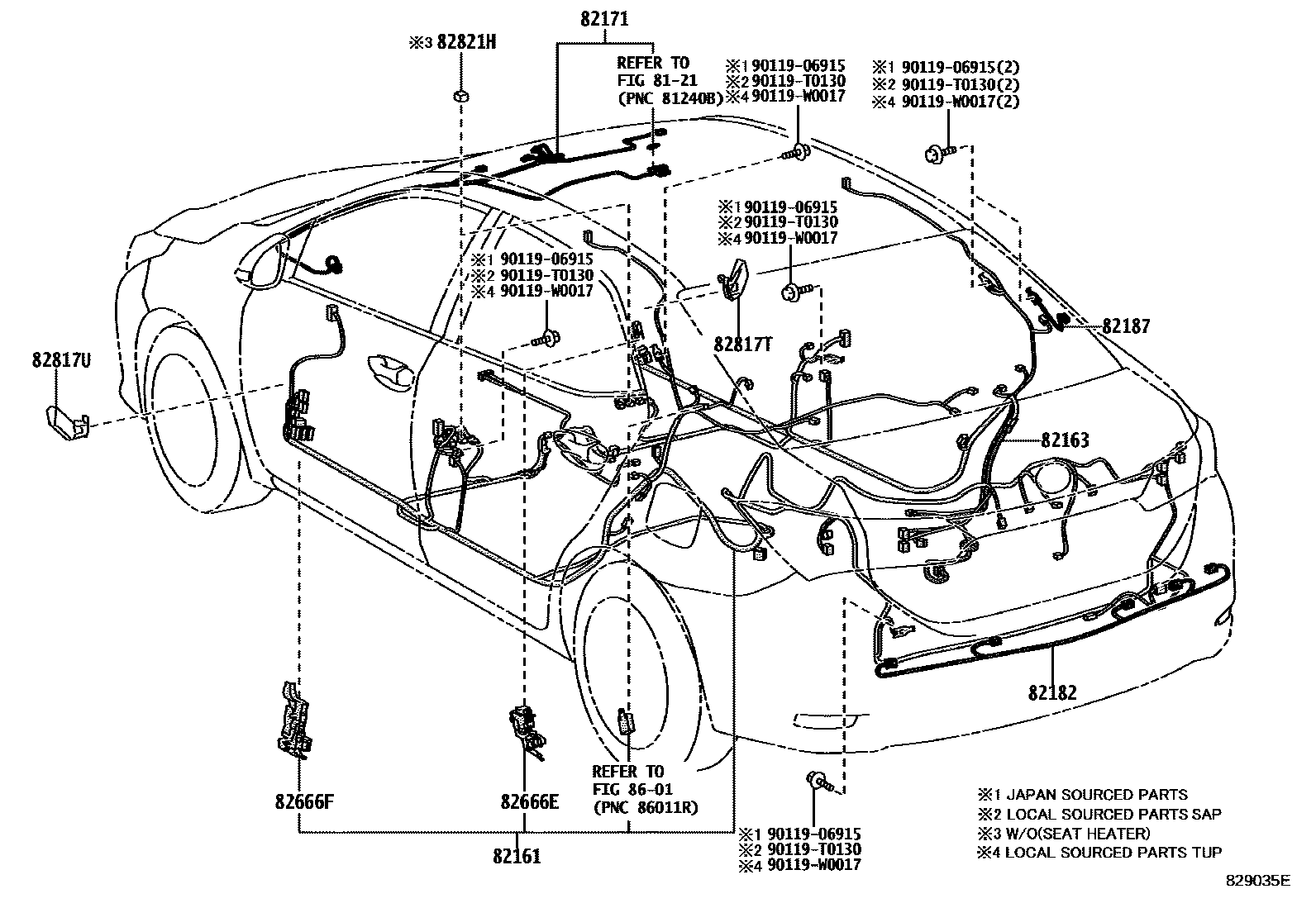 Toyota COROLLA 线束和卡夹 EPC diagram — 829035E