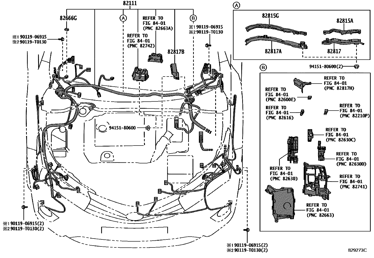 Toyota COROLLA 线束和卡夹 EPC diagram — 829273C