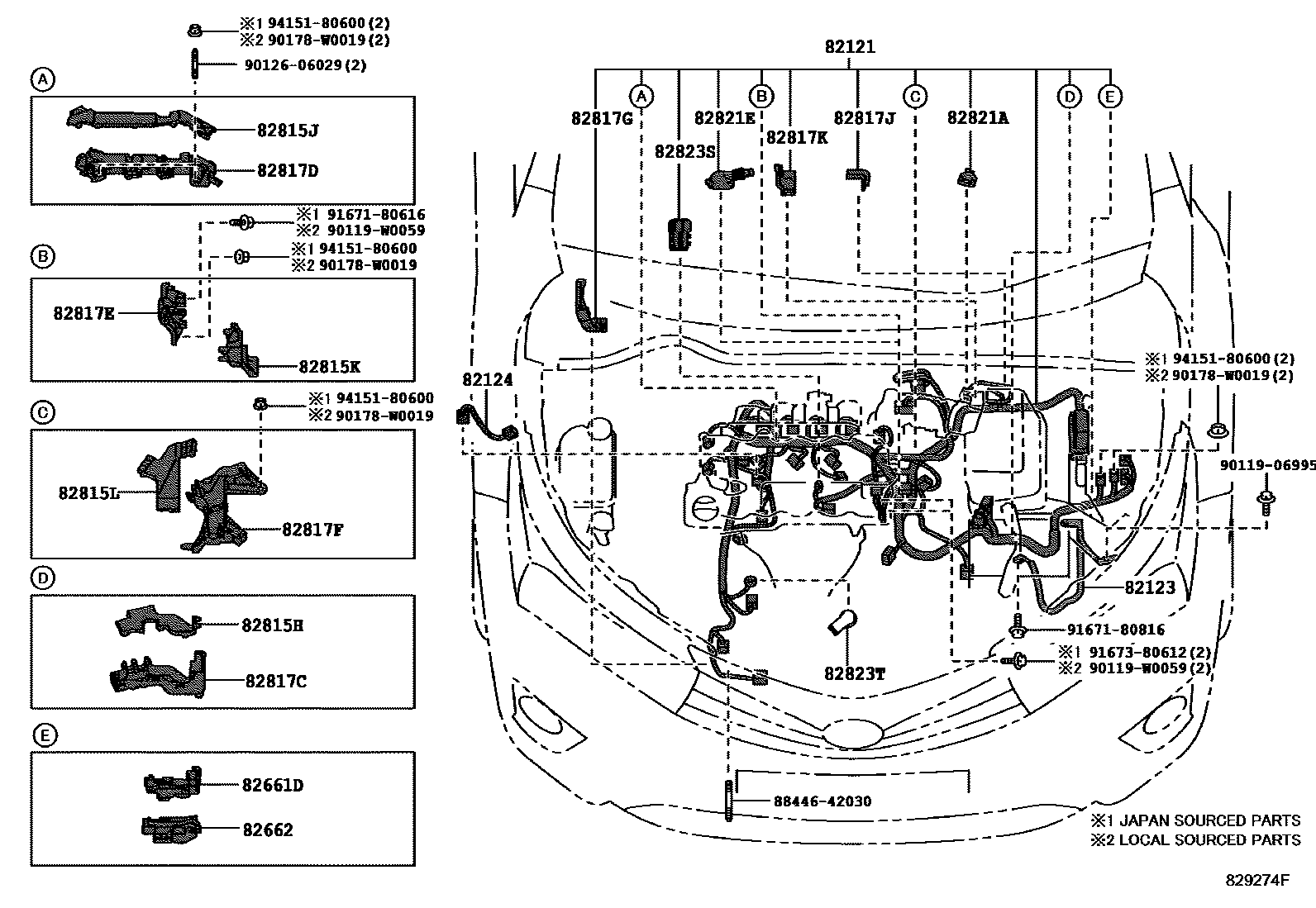 Toyota COROLLA 线束和卡夹 EPC diagram — 829274F