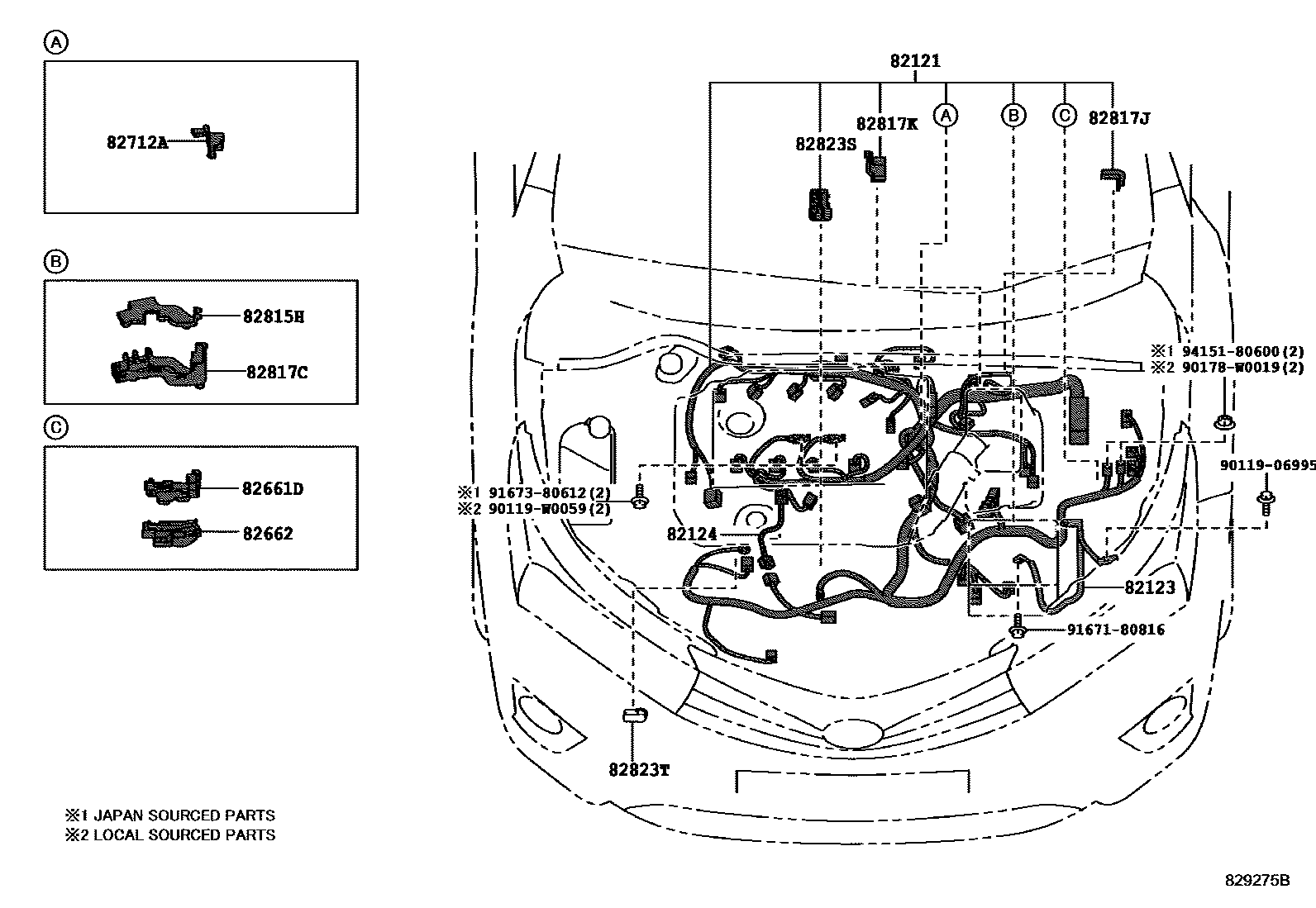 Toyota COROLLA 线束和卡夹 EPC diagram — 829275B