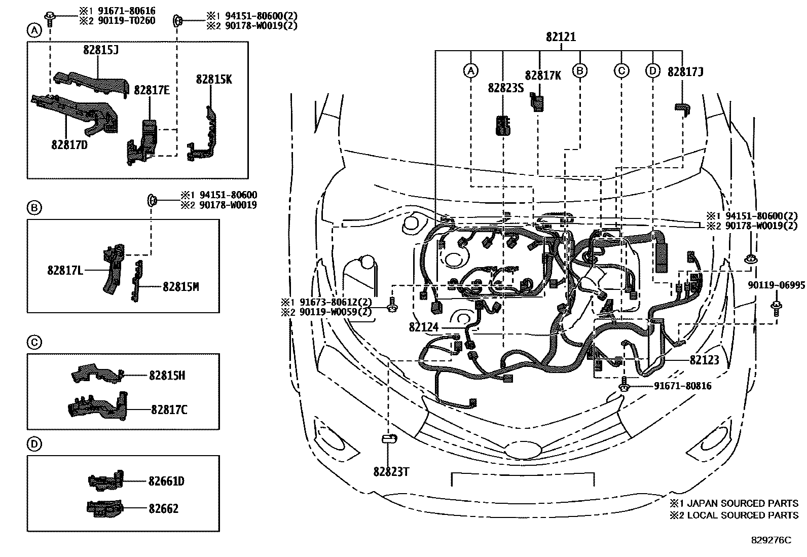 Toyota COROLLA 线束和卡夹 EPC diagram — 829276C