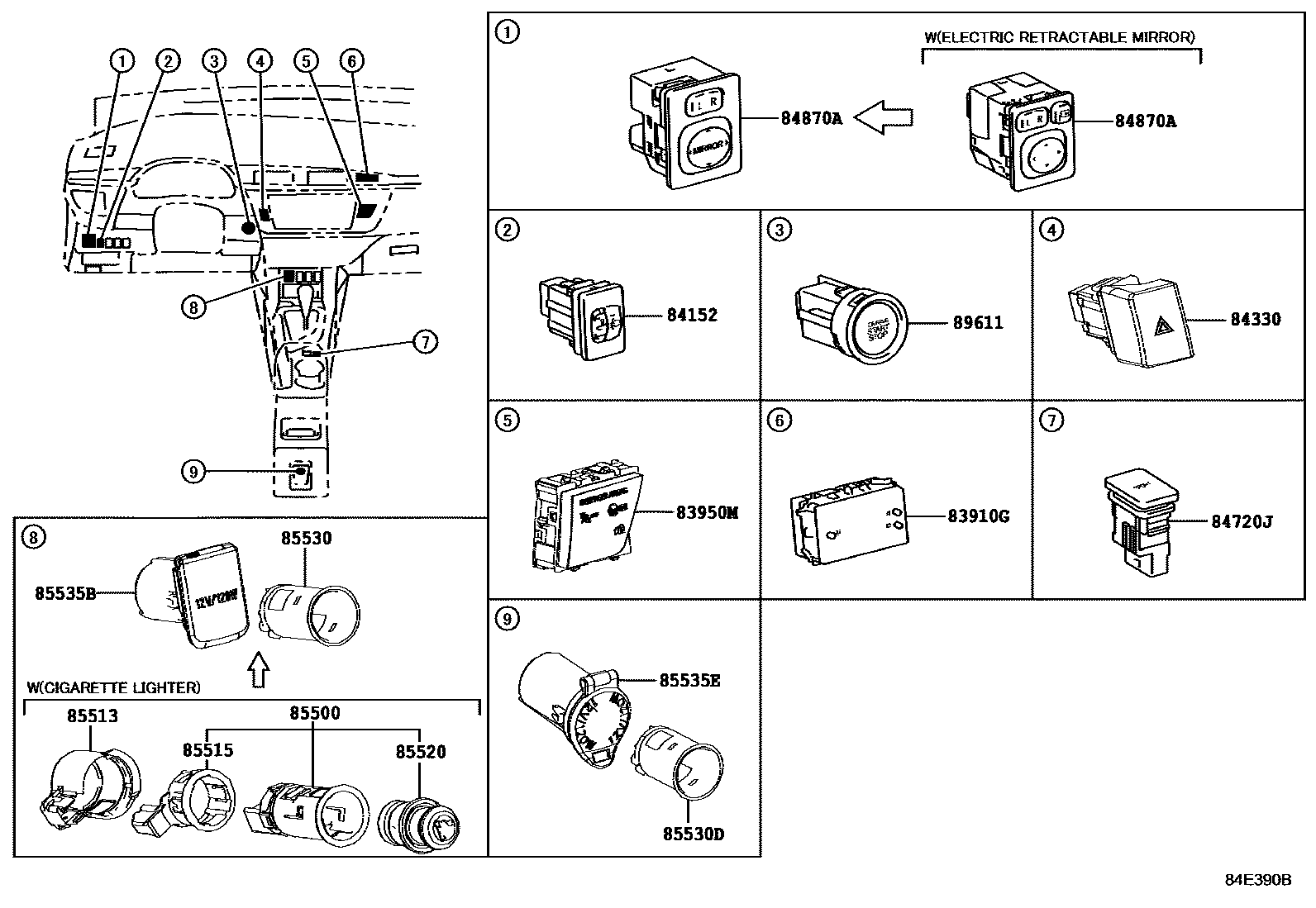 Toyota COROLLA 开关和继电器和ECU EPC diagram — 84E390B