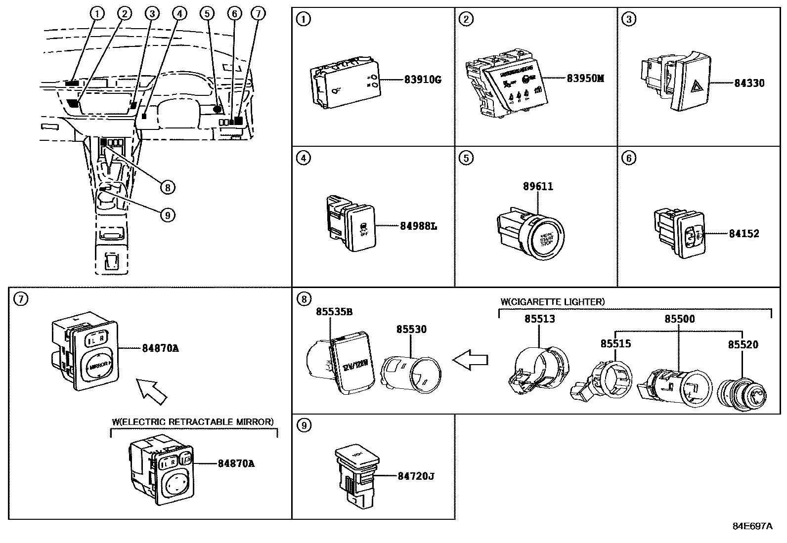 Toyota COROLLA 开关和继电器和ECU EPC diagram — 84E697A