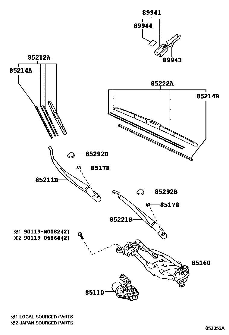 Toyota COROLLA 挡风玻璃刮水器 EPC diagram — 853052A