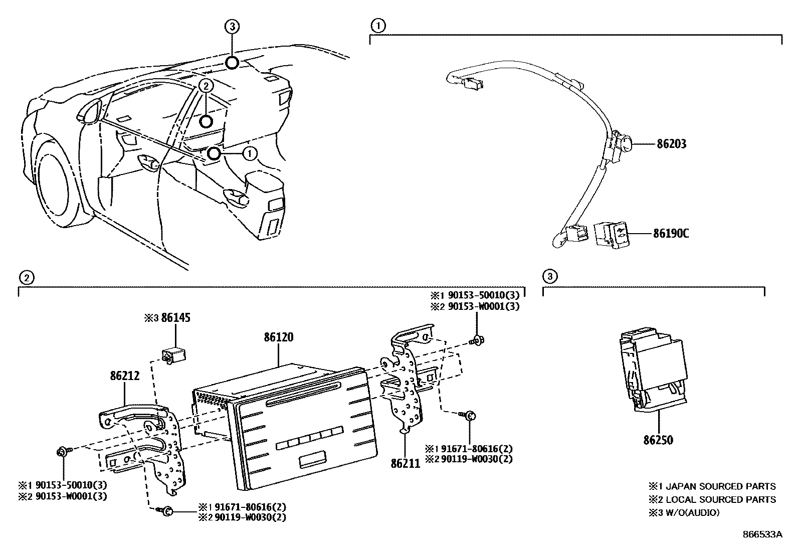 Toyota COROLLA 收音机、放大器和冷凝器 EPC diagram — 866533A