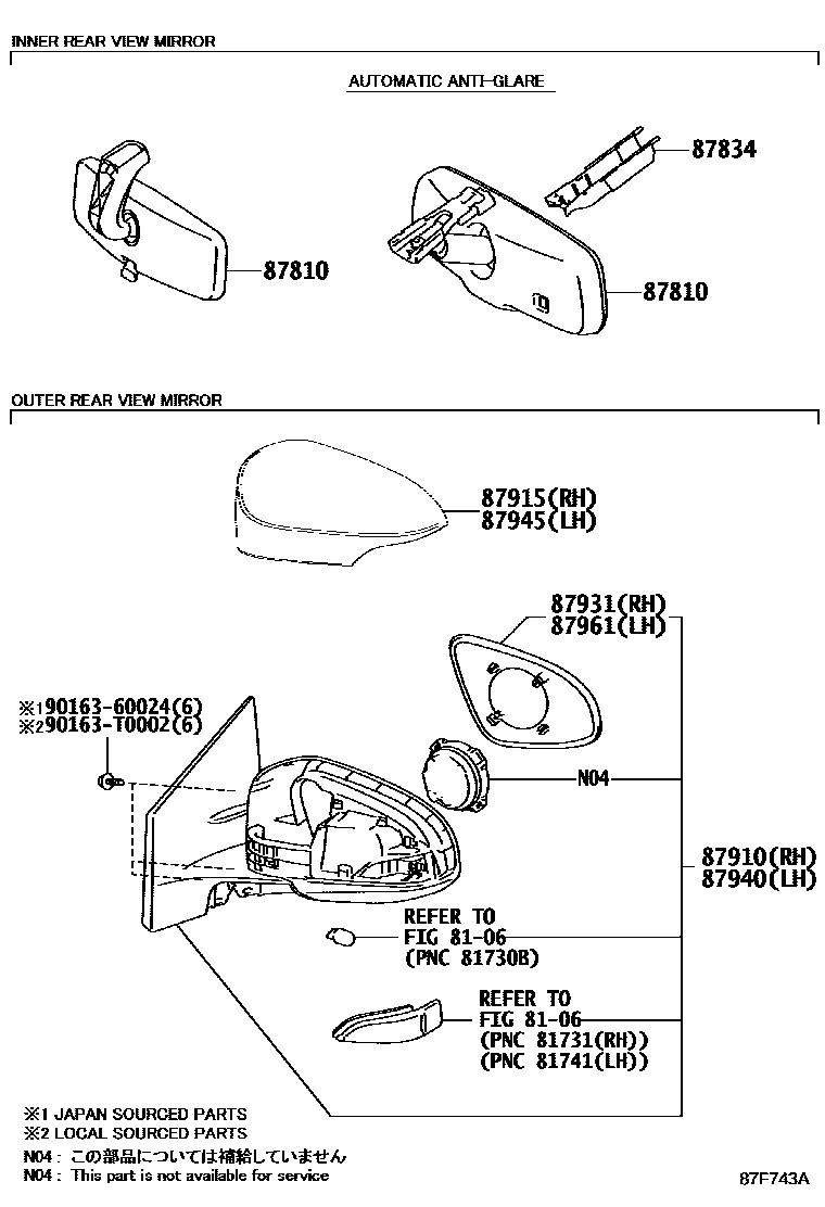 Toyota COROLLA 后视镜 EPC diagram — 87F743B