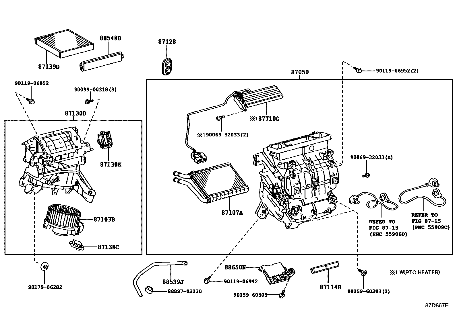Toyota COROLLA 暖风和空调系统 - 冷却器组件 EPC diagram — 87D867E
