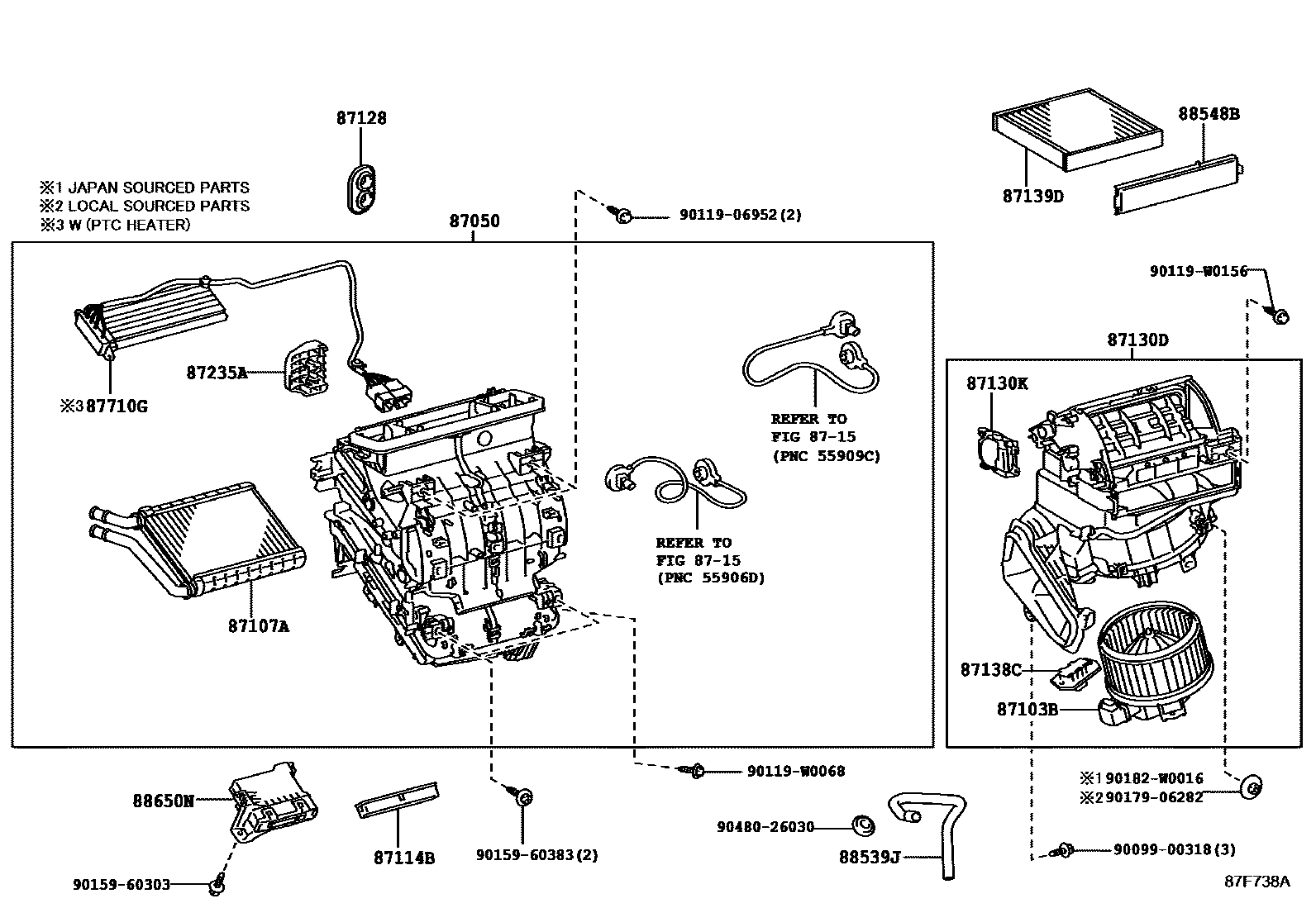 Toyota COROLLA 暖风和空调系统 - 冷却器组件 EPC diagram — 87F738A