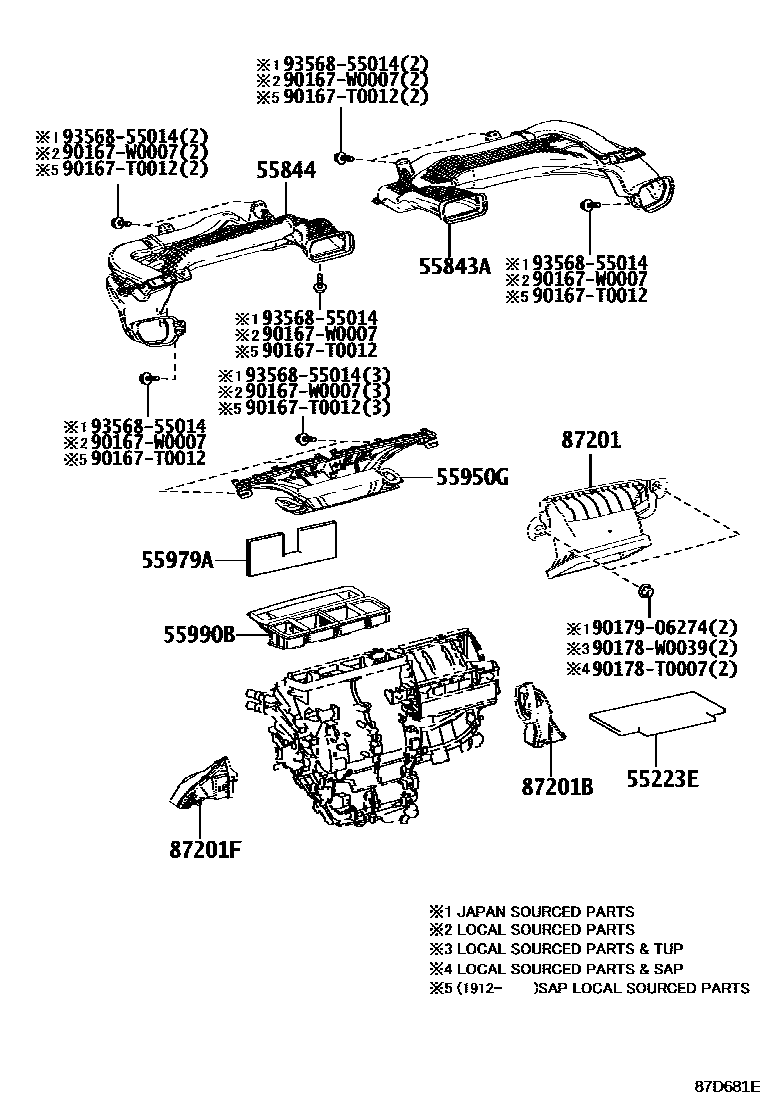 Toyota COROLLA 暖风和空调系统 - 控制器和风管 EPC diagram — 87D681E