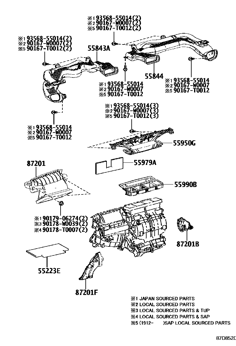 Toyota COROLLA 暖风和空调系统 - 控制器和风管 EPC diagram — 87D852D