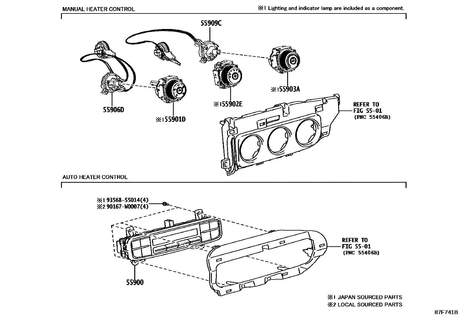 Toyota COROLLA 暖风和空调系统 - 控制器和风管 EPC diagram — 87F741B