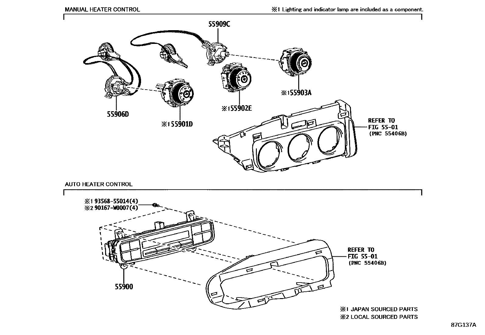 Toyota COROLLA 暖风和空调系统 - 控制器和风管 EPC diagram — 87G137A