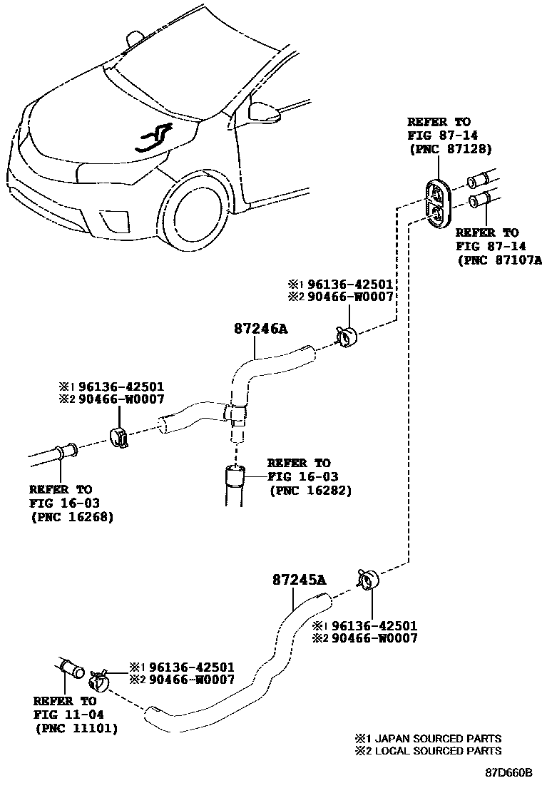 Toyota COROLLA 暖风和空调系统 - 水管 EPC diagram — 87D660B